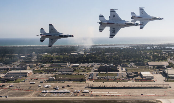 The Thunderbirds perform over Tyndall Air Force Base, Fla., during a practice show April 21, 2017. Air Combat Command kicked off its 70th Anniversary celebration at the Gulf Coast Salute Air Show. (U.S. Air Force Photo by Tech. Sgt. Christopher Boitz)
