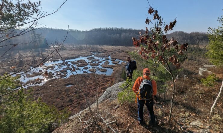 Great Bend resident Reinhart Meyers and his beagle Freddy join Rodger Voss and Mike Stiefel, Fort Drum foresters, for a guided hike Nov. 16 of the new Bonaparte Area Trail Complex. (Photo by Mike Strasser, Fort Drum Garrison Public Affairs)