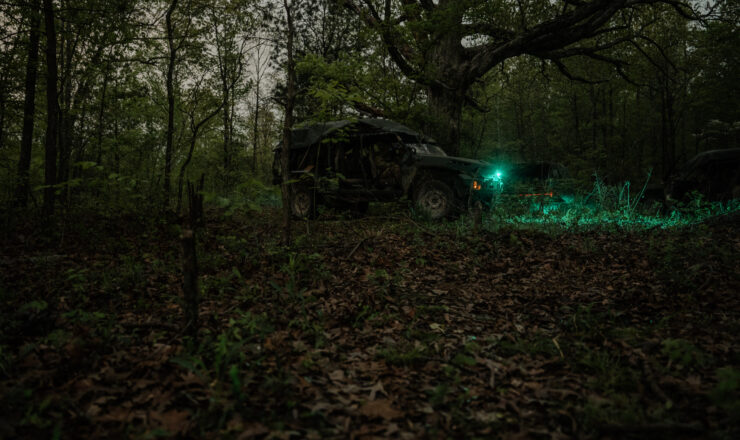 The command team from 2nd Battalion, 502nd Infantry Regiment, 2nd Brigade Combat Team, 101st Airborne Division (Air Assault), conduct battlefield circulation during hasty defense and vehicle drop off operations during Operation Lethal Eagle on April 19, 2024 at Fort Campbell, Ky. Operation Lethal Eagle, a 21-day rigorous training exercise, is designed to train individual and collective lethality, prototype Army initiatives, and build mastery of large-scale, long-range air assault capabilities throughout the 101st Airborne Division (Air Assault). While most of the exercise leverages the world class training infrastructure at Fort Campbell, some units and Soldiers will operate out of Fort Knox, Ky., and Camp Atterbury, Ind.