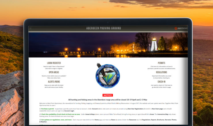 A computer showing the iSportsman portal page for Aberdeen proving ground