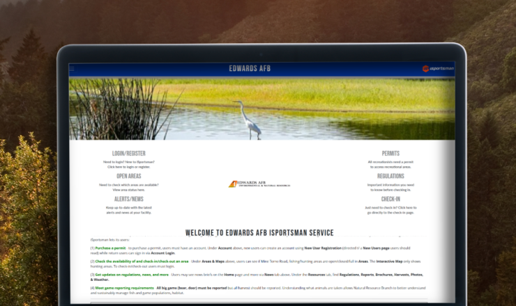 computer showing the isportsman portal page for edwards air force base