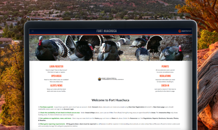 computer showing the isportsman portal page for fort huachuca