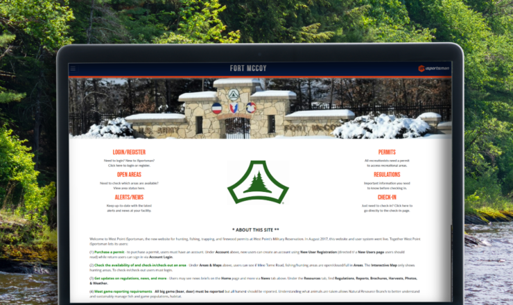 computer showing the isportsman portal page for fort mccoy