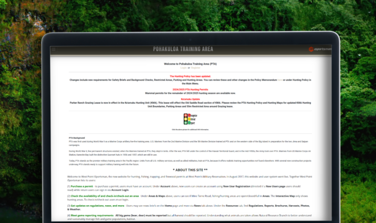 computer showing the isportsman portal page for pohakuloa training area