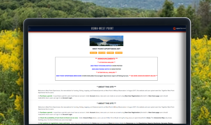 computer showing the isportsman portal page for west point military academy
