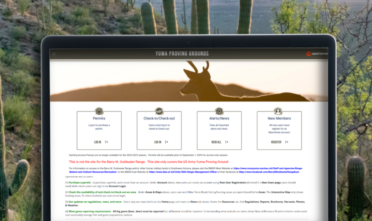 computer showing the isportsman portal page for yuma proving ground