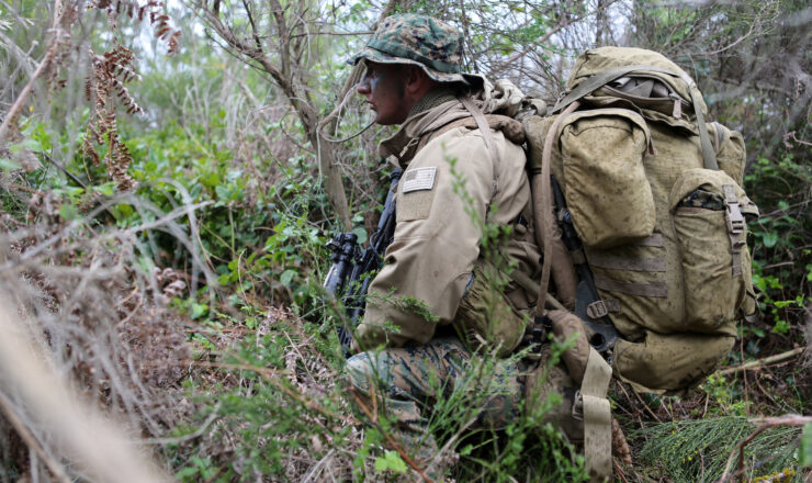 Sergeant Wesley Ferguson, assistant team leader, Company C, 1st Reconnaissance Battalion, provides security for his team during a simulated casualty evacuation aboard Joint Base Lewis McChord, Wash, April 10, 2015. Marines with the company operated in remote locations of the wilderness and provided surveillance of the surrounding area to paint the commander a picture of the battlefield. During the patrol, the reconnaissance men navigated through several kilometers of thick brush and provided surveillance on numerous named areas of interest. The patrol was one of many exercises the company will complete as part of a combat readiness evaluation in preparation for an upcoming deployment. (U.S. Marine Corps photo by Sgt. Joseph Scanlan / released)