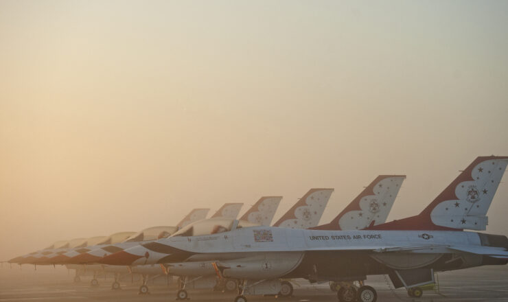U.S. Air Force F-16C Flighting Falcons assigned to the U.S. Air Force Demonstration Team, The Thunderbirds, sit in the fog at Joint Base McGuire-Dix-Lakehurst, N.J., the morning of the Power in the Pines Open House and Air Show. As the nation’s only tri-service joint base, JB MDL’s Power in the Pines Open House and Air Show boasts demonstrations from each branch of the armed forces. (U.S. Air Force by Christian DeLuca/Released)