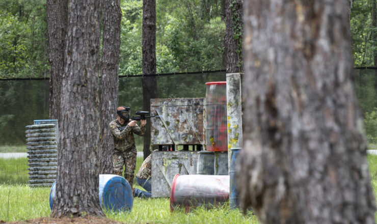 U.S. Air Force Staff Sgt. Lance Morrison, 23rd Maintenance Group aerospace propulsion craftsman, participates in a paintball event at Moody Air Force Base, Georgia, June 17, 2022. The Airmen used Unite funds to participate in a paintball activity. The U.S. Air Force Unite Program was developed to provide squadron commanders maximum flexibility to deliver recreational opportunities that build cohesion for personnel within their unit. (U.S. Air Force photo by Airman 1st Class Deanna Muir)