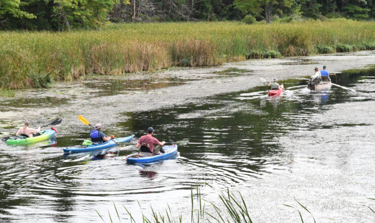 Members of the 10th Mountain Division (LI) join author and naturalist Roger Fulton on a kayak ride Sept. 12 to discuss the Battle of Cranberry Creek between American and British forces in 1813, and how local military history can be used to enhance leader professional development. (Photo by Mike Strasser, Fort Drum Garrison Public Affairs)