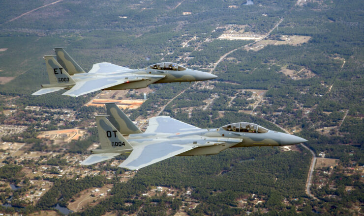 Two new F-15EX fighter jets, EX3 and EX4, arrive at Eglin Air Force Base, Florida, on Dec. 20, 2023. EX3 and EX4 are the Air Force’s newest fighter jets and have updated features such as the cockpit pressure monitor and warning system and an ultra-high frequency antenna for satellite communications. The 40th Flight Test Squadron and 85th Test and Evaluation Squadron will conduct developmental and operational tests on the aircraft. (U.S. Air Force photo by Staff Sgt. Blake Wiles)