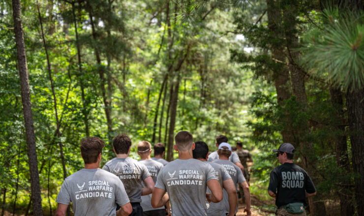 Air Force Special Warfare candidates run a course during a Monster Mash exercise at Little Rock Air Force Base, Arkansas, May 18, 2024. Special warfare candidates must prove to their recruiters that they are ready for the physical and mental demands ahead at the Special Warfare Candite Course in San Antonio, Texas, before they leave for training. (U.S. Air Force photo by Airman 1st Class Sarah Ortega Corona)