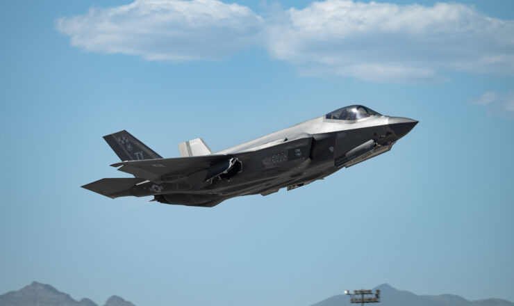 An F-35 Lightning II assigned to the 95th Fighter Squadron, Tyndall Air Force Base (AFB), Florida, takes off from Nellis AFB, Nevada, Sept 30, 2024. F-35s are at Nellis in support of the U.S. Air Force Weapons School. The Weapons School provides academic and advisory support to numerous units, enhancing air combat training for thousands of Airmen from the Air Force, Department of Defense and U.S. allied services each year. (U.S. Air Force photo by William R. Lewis)