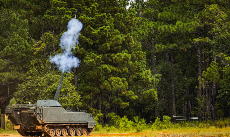 Soldiers from the Maneuver Center of Excellence conduct a live-fire demonstration featuring the Armored Multi-Purpose Vehicle Modular Turreted Mortar System prototype, Sept. 10, 2024 at Red Cloud Range, at Fort Moore, Georgia, as part of the annual Maneuver Warfighter Conference. The AMPV MTMS is a prototype that integrates a remote-controlled 120mm mortar system into the AMPV. (U.S. Army Photo by Capt. Stephanie Snyder)
