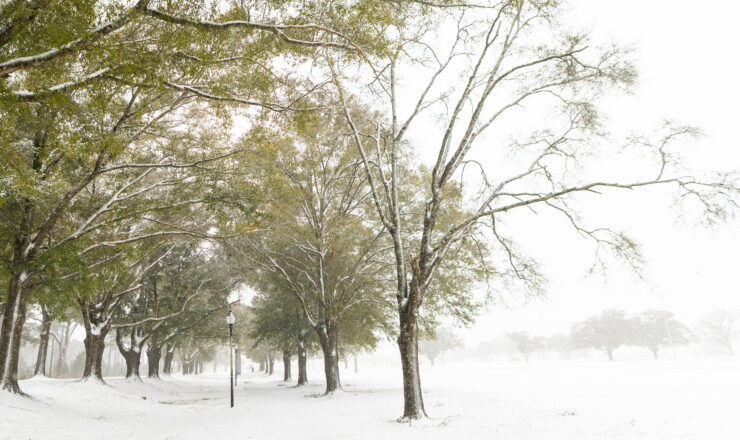 Snow covers Fort Novosel, Ala. and the Air Assault Track during a historic weather event Jan. 21, 2025.