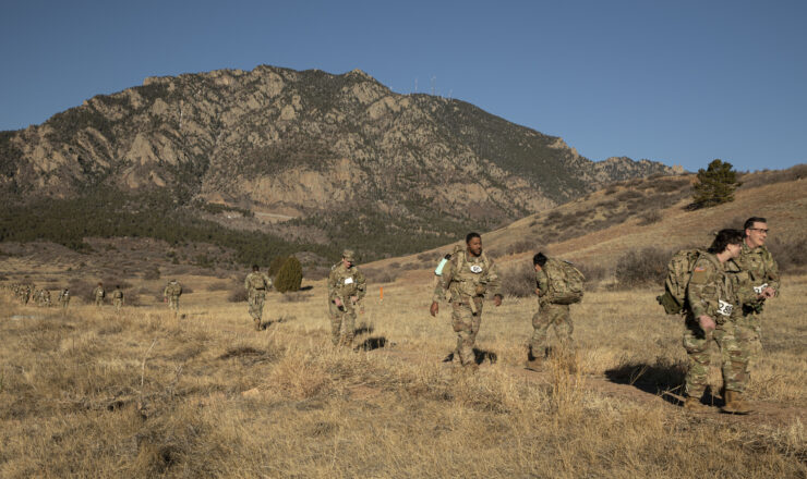 Soldiers assigned to 4th Combat Aviation Brigade, 4th Infantry Division, participate in the Norwegian Foot March, Feb. 7, 2025, at Fort Carson, Colorado. The march tested participants both physically and mentally, demanding thorough training and preparation. (U.S. Army photo by Spc. William Rogers)