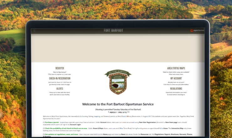 computer showing the iSportsman portal page for Fort Barfoot