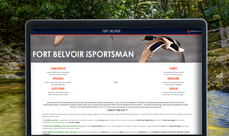 computer showing the iSportsman portal page for fort Belvoir