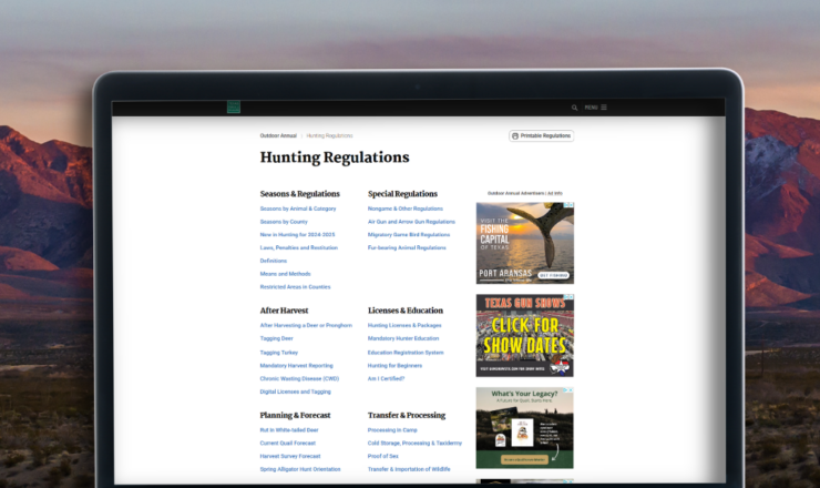 computer showing hunting regulations for Texas