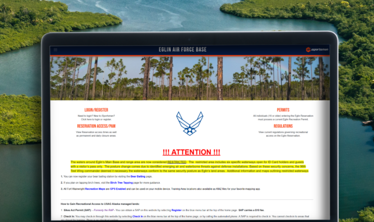 computer showing the isportsman portal page for eglin air force base
