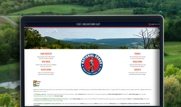 Computer showing the iSportsman portal page for Fort Indiantown gap