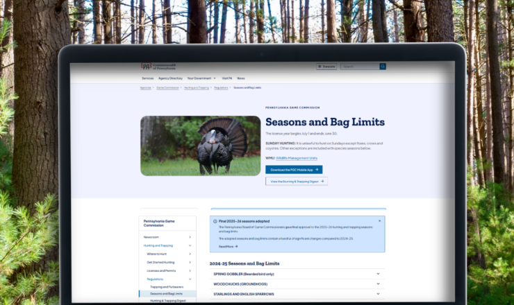 Computer showing hunting regulations page for Pennsylvania