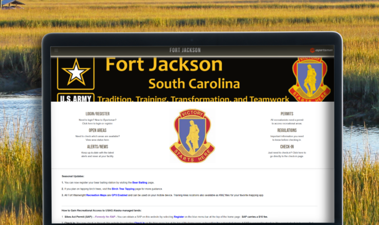 computer showing the isportsman portal page for fort jackson