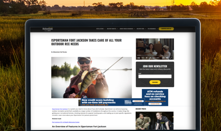A computer screen showing an article on isportsman on fort jackson from mybaseguide.com