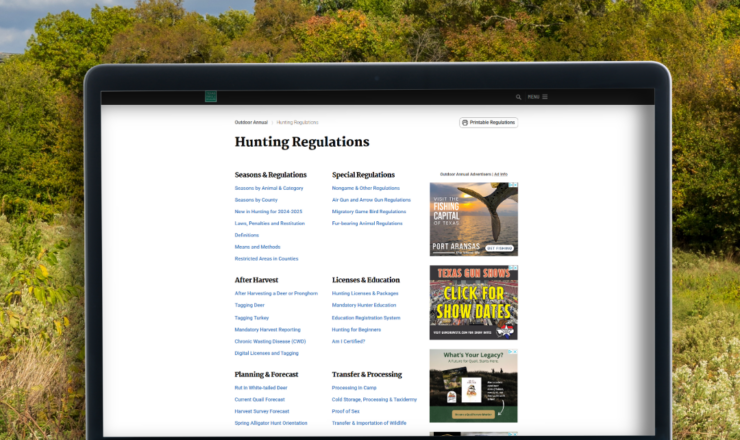 computer showing hunting regulations for Texas
