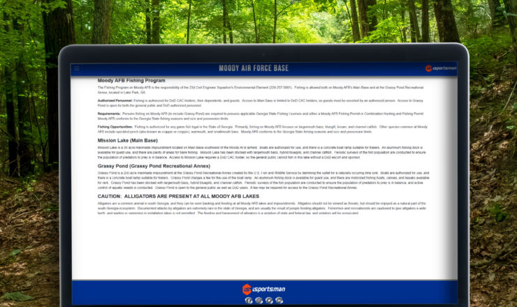 a computer showing the fishing regulations for moody air force base