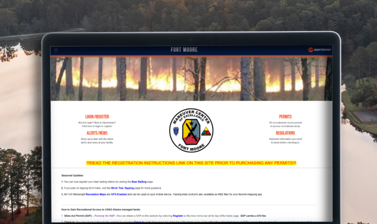 computer showing the isportsman portal page for fort moore