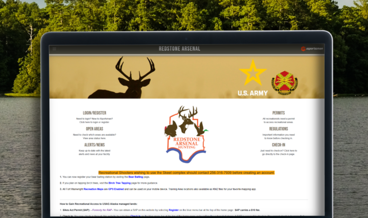 computer showing the isportsman portal page for redstone aresenal