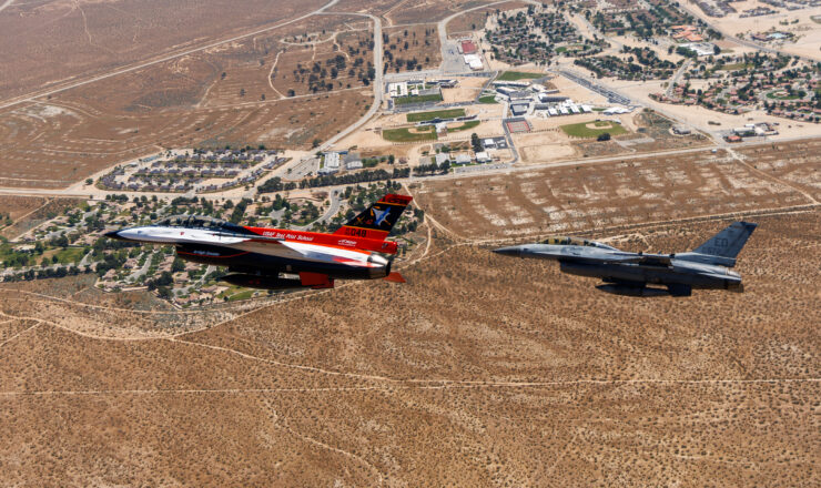 The X-62A VISTA flies in the skies above Edwards Air Force Base, California, April 30. (Air Force Photo By Richard Gonzales)
