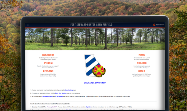 computer showing the isportsman portal page for fort stewart